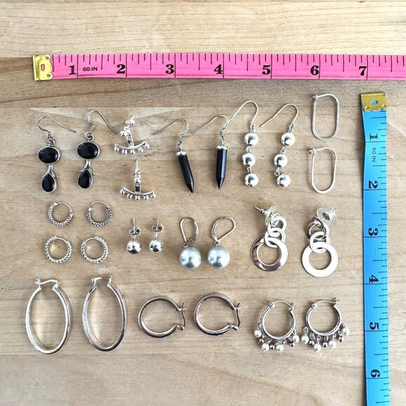 STERLING SILVER EARRINGS - ASSORTED HOOPS DANGLES POSTS - Lot of 13 pair - 50g - Picture 2 of 7